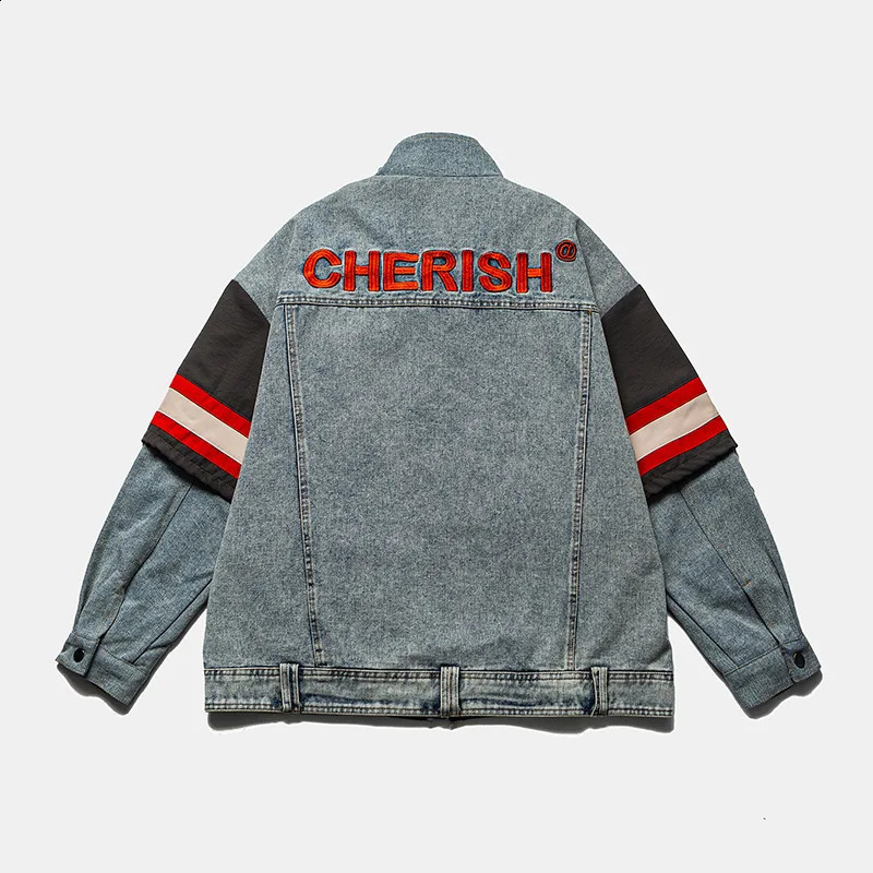 Mens High Street Hip Hop Jeans Jacket With Patchwork Fashion Streetwear Patched Denim Coat Embroidery Baggy Y2K Outerwear 251017