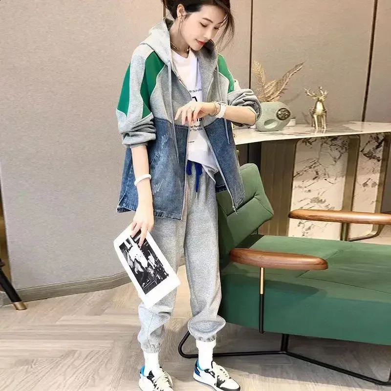 Spring and Autumn Patch Patchwork Jacket Fashion Denim Womens Korean Casual Hooded Sweatshirt 251015