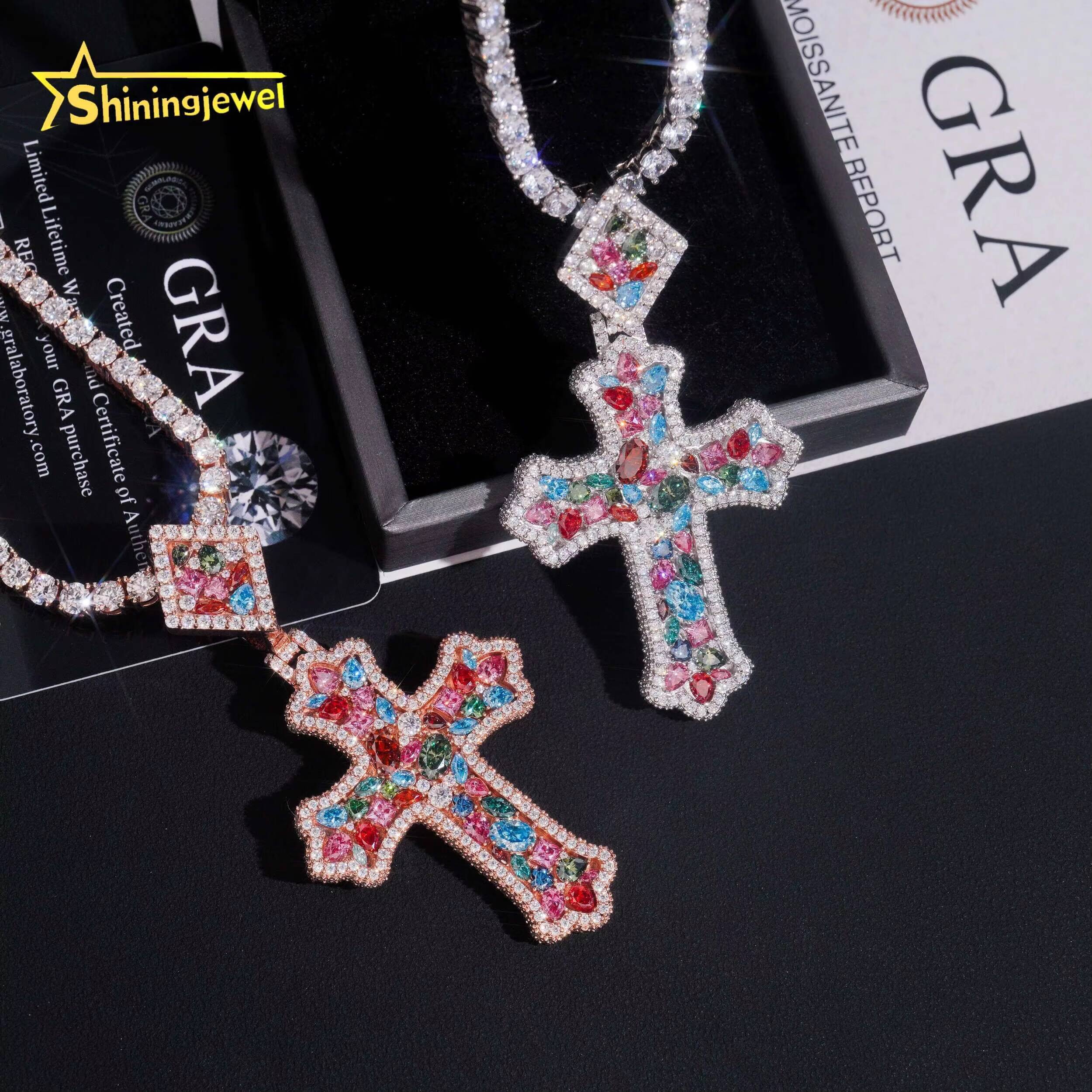 Luxury GRA Certificated Fancy Cut Colored Moissanite Cross Pendant 925 Silver Hip Hop Men Women Iced Out Mossanite Pendants