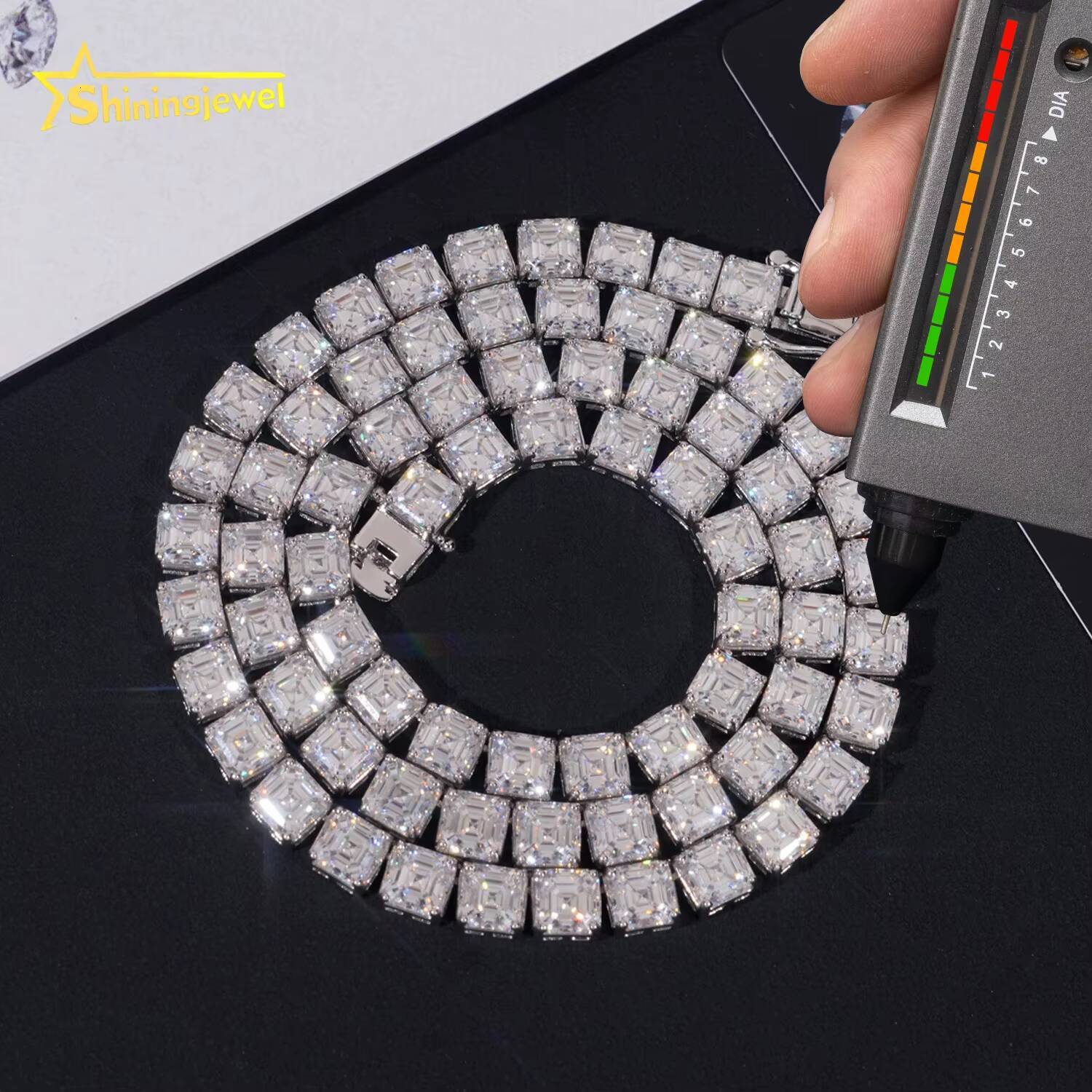 Wholesale Hip Hop Jewelry 925 Sterling Silver Fashion Necklace VVS Asscher Cut Diamond Iced Out Moissanite Tennis Chain Necklace