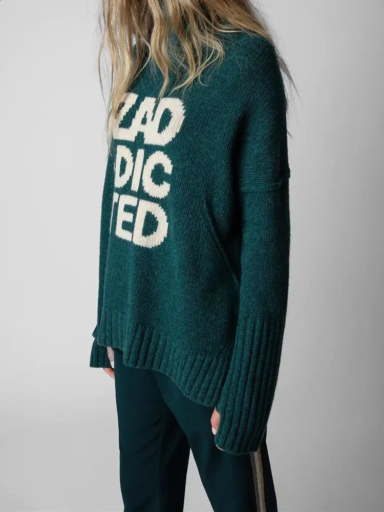 100 Wool Women Turtleneck Sweater Letter Print Long Sleeve Loose Cuffs Slit Female Casual Jumper Autumn Winter 251027