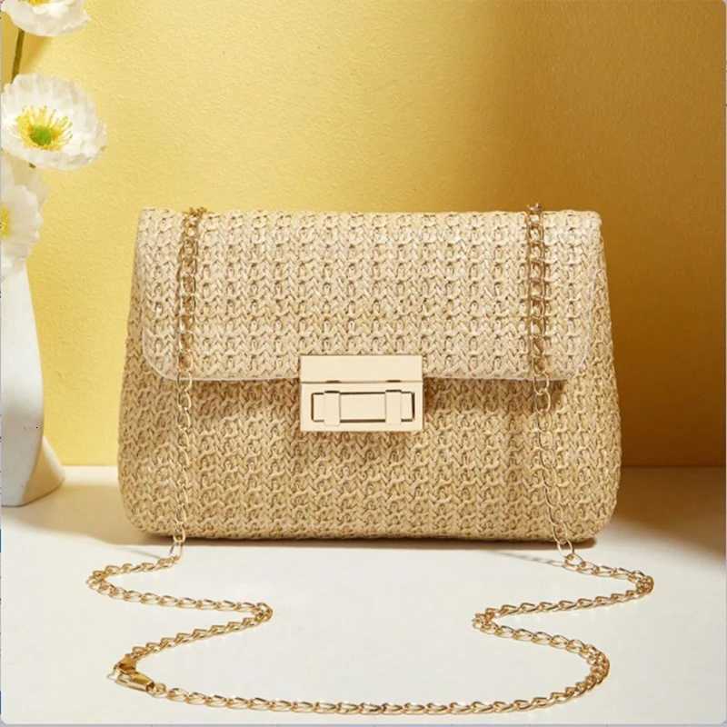 Buckle Closure Chain Crossbody Shoulder BagSweet Chic Raffia Woven Women Sling BagSolid Color Lightweight Beach Travel PurseT251028
