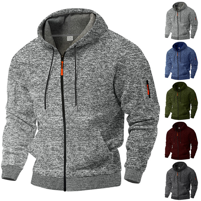 American Style Heavyweight Fleece-Lined Men's Retro Cation Fabric Workwear Pocket Hooded Zip-Up Trendy Sports Sweatshirt Men European Size S-3XL