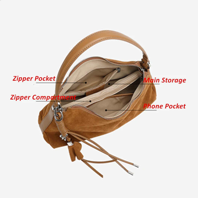 Burminsa Cowhide Suede Genuine Leather Hobo Shoulder Bags For Women 2025 Crescent Tote Crossbody Ladies Handbags 251018