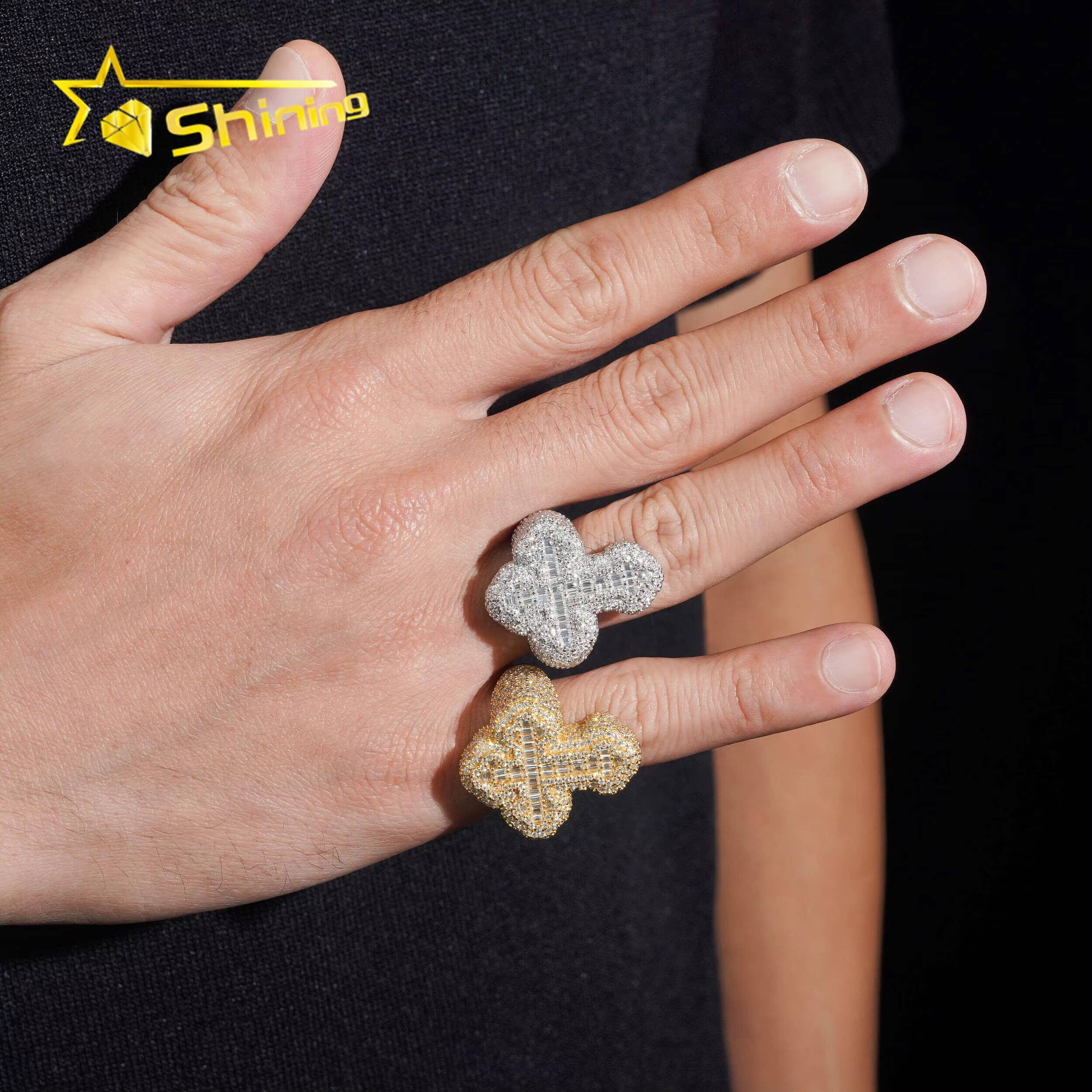 Baguette Moissanite Iced Out Cross Ring GRA Moissanite 925 Sterling Silver Gold Plated Hip Hop Mens Rings New in Stock