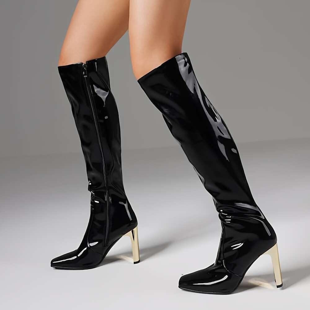 Women's Black Knee-High Combat With Side Zipper Square Toe - Chunky Heel Glossy PU Cover Punk Women, All-Season Versatile Footwear For Dresses & 