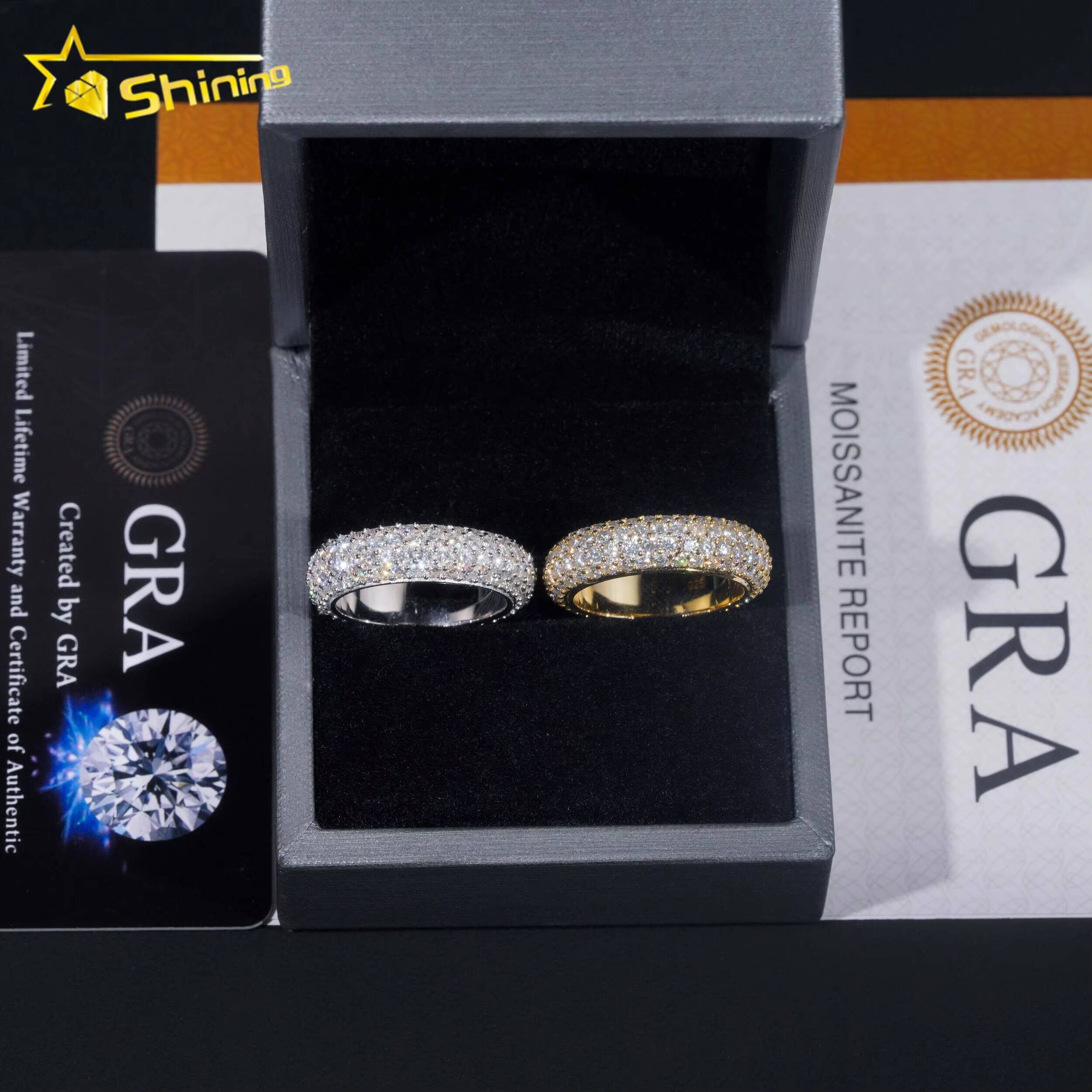 Fine Jewelry Stock GRA Certified Solid 925 Sterling Silver Gold Plated Iced Out Diamond Moissanite Fully Iced 4 Rows Band Ring