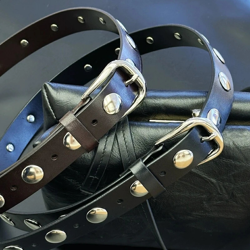 Womens Y2K Punk Style Belt 23cm Wide Black Rivet Waist Belt American Retro Fashion for Jeans and Cargo Pants 251027