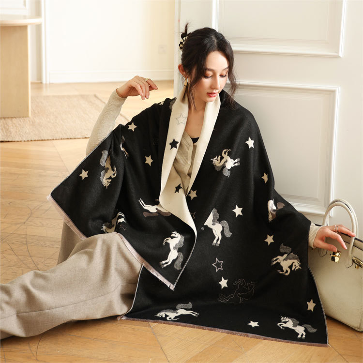 Starry Sky And Pegasus Pattern Matching Design Scarf Imitation Cashmere Material Shawl For External Use Warm Neck Fashionable Gift Scarf