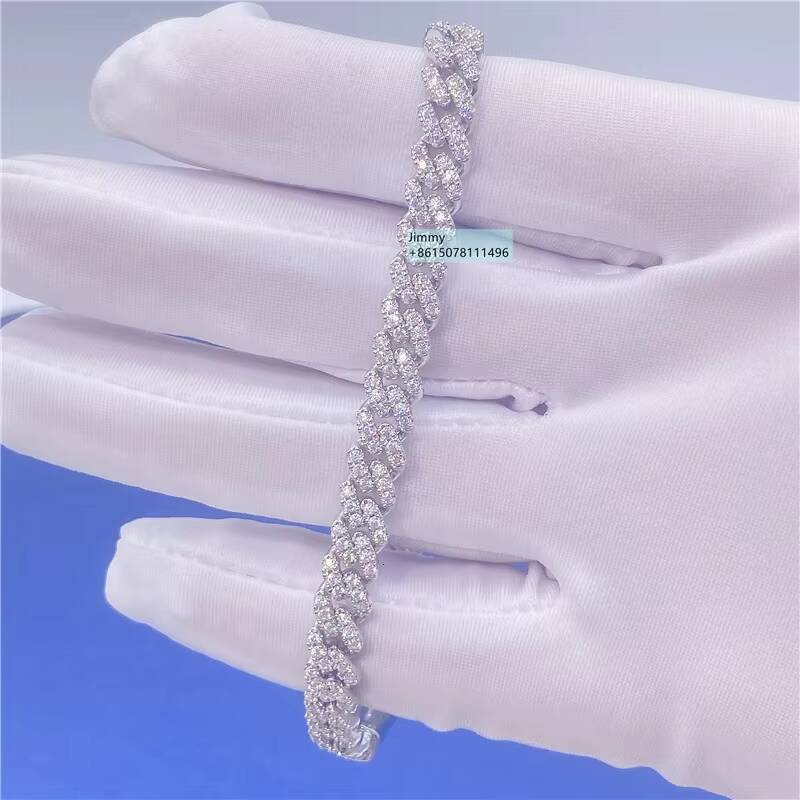 Hot Selling 6mm Moissanite Hip Hop Iced Jewelry 925 Sterling Silver Prong Setting VVS Moissanite Cuban Link Chain Bracelet