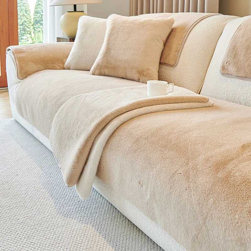 French Faux Mink Fur Sofa Cushion New Autumn and Winter Thick Warm Plush Sofa Cover Super Soft Solid AntiSlip Couch Slipcover C251028