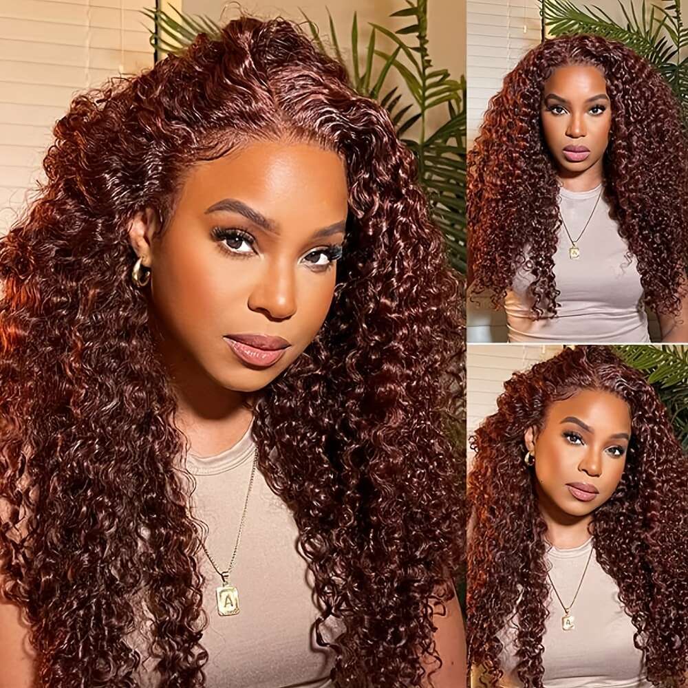 KLAIYI Reddish Brown 33B Jerry Curly 13X4 HD Lace Front - Glueless Pre-Plucked With Baby & Bleached Knots, 150% Density Brazilian Human Hair Wig For W