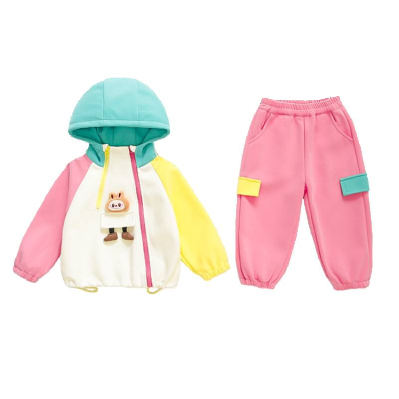 2025 New Style Girls Cartoon Color Block Sporty Tracksuit Autumn Trendy Toddler Kid Sweatshirt Two-Piece Set