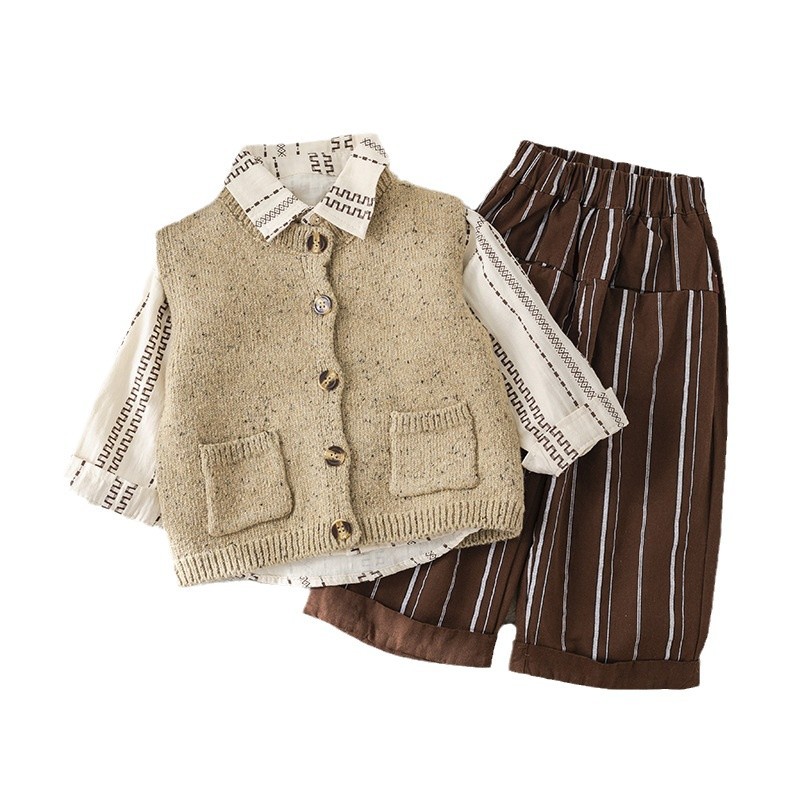 2025 Boys Spring Clothing Set, Korean Style Forest Print 3-Piece Outfit, Straight Leg Pants and Shirt for Toddler