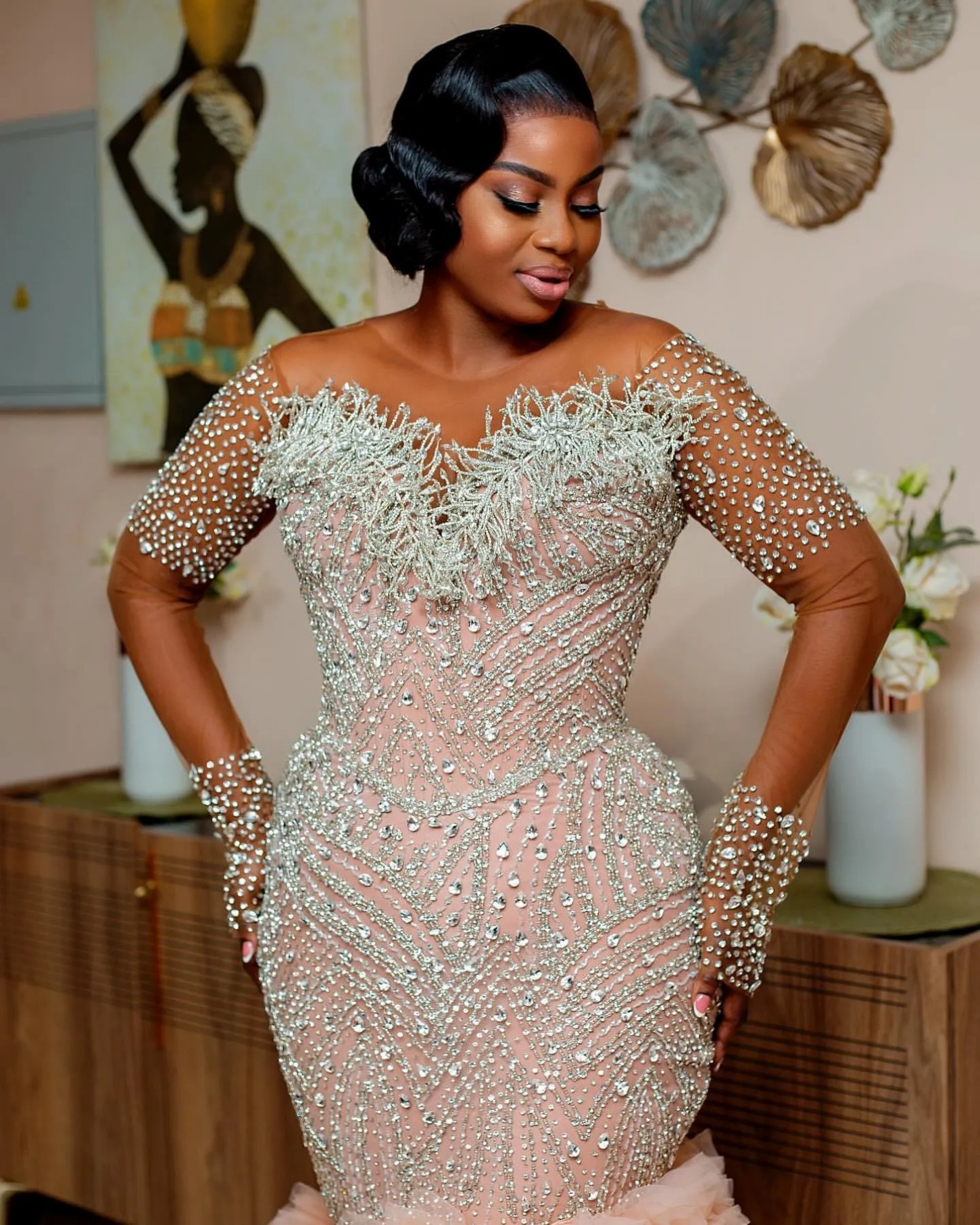 Arabic Aso Ebi Plus Size Mermaid Wedding Dress in Blush Pink with Crystals Beaded Sheer Neck Tiers and Luxurious Vintage Style