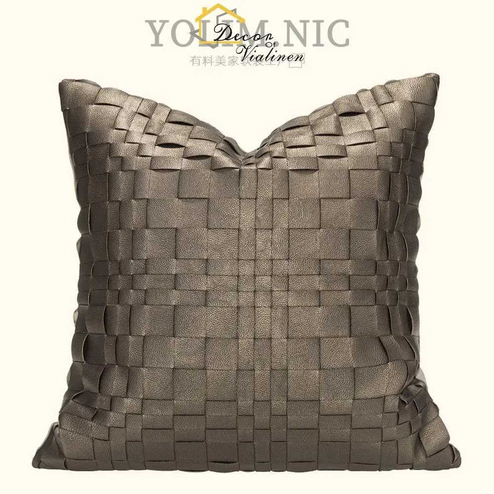 Pillow Case Modern Light Luxury Model Room Premium Metallic Grey Coffee Leather Weaving case Sofa Cushion Bag C251028