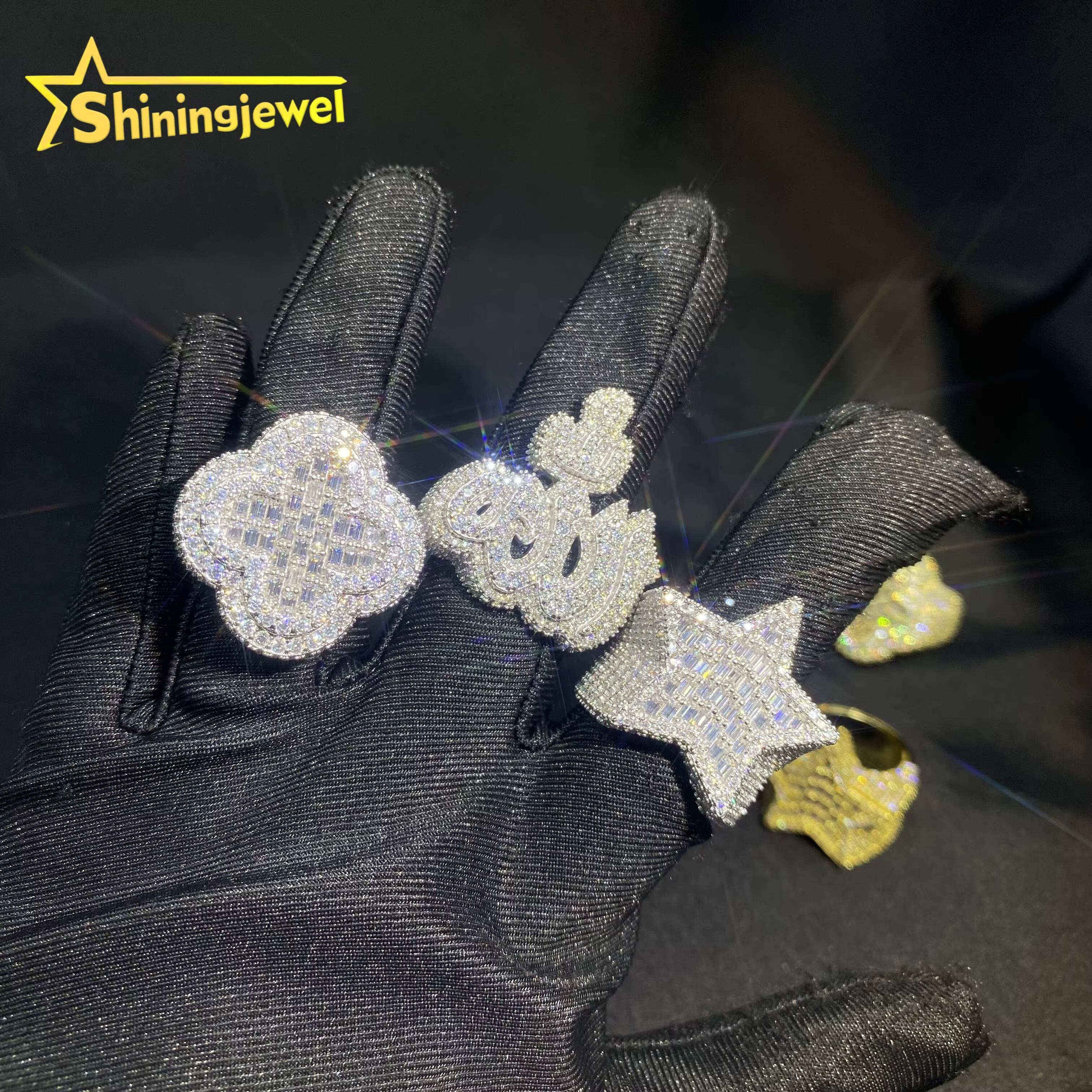 Fashion Star Ring Baguette Hip Hop Style Iced Out VVS Moissanite Jewelry Custom 925 Sterling Silver Diamond Clover Allah Rings