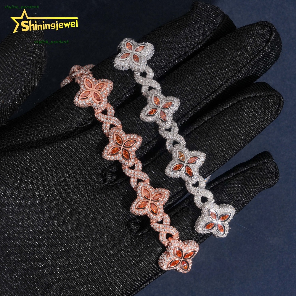 15MM 925 Silver Fanta Color Moissanite Four Leaf Clover Bracelet Hip Hop Jewelry Custom Iced Out Moissanite Cuban Bracelet