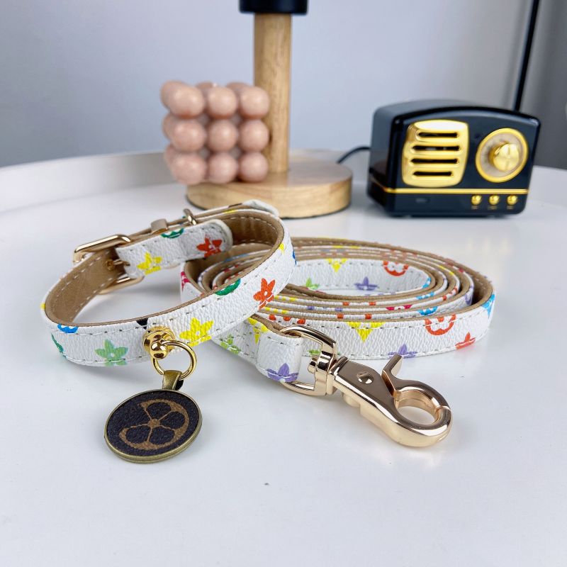 Premium PU Leather Designer Dog Collar & Leash Set Gold Hardware, Bell Charm, Adjustable for Cats/Small Dogs, 4 Patterns