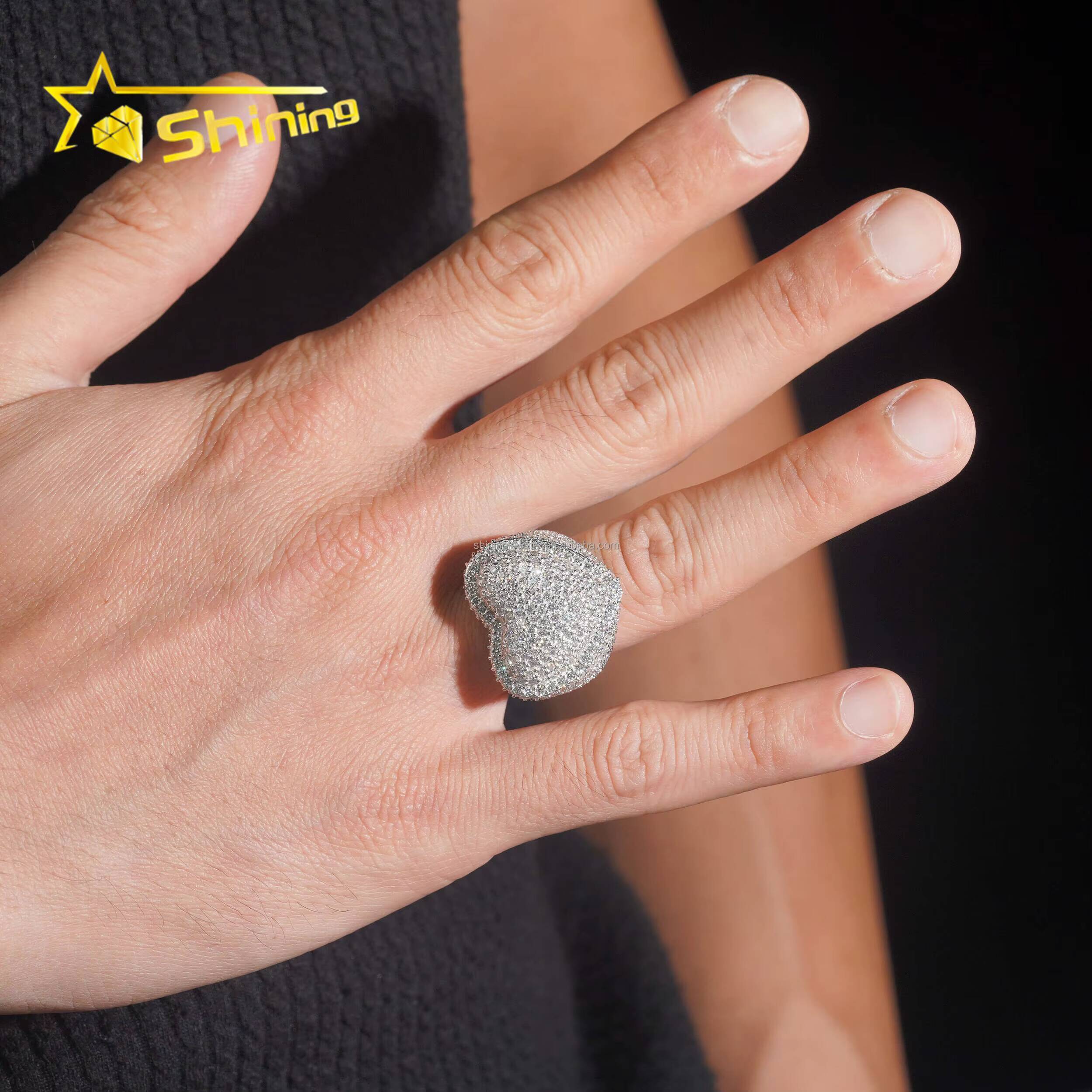 Bulk Stock New Arrivals Drop Shipping Hip Hop Fire Jewelry S925 Solid Silver Fully Iced Out VVS1 Moissanite Diamond Heart Ring