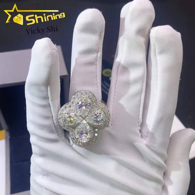Fashion Luxury Rapper Hip Hop Rings 925 Sterling Silver Iced Out Clover Moissanite Diamond Ring Fine Jewelry
