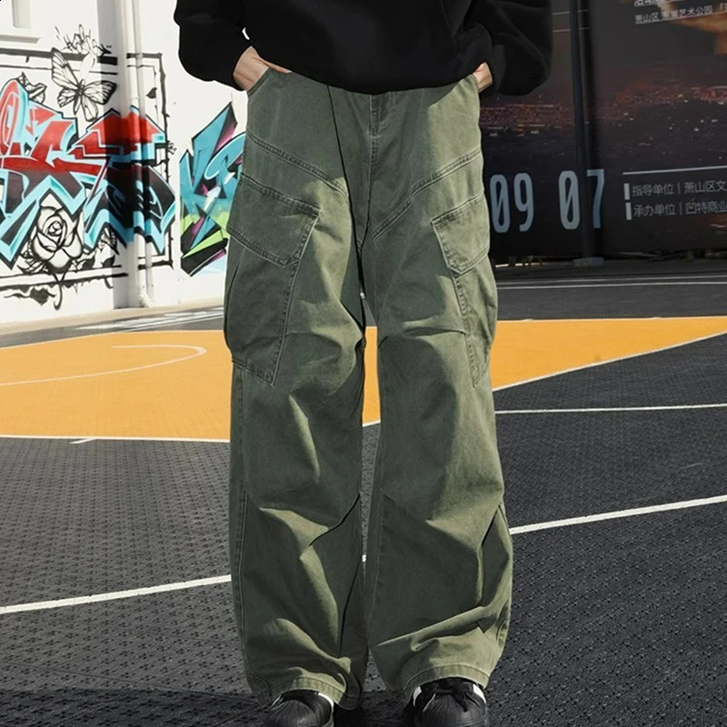Spring Autumn Big Pocket Mens Cargo Pants Loose Straight Wide Leg Trousers Baggy Outdoor Workwear Man Hip Hop Sweatpants 251027