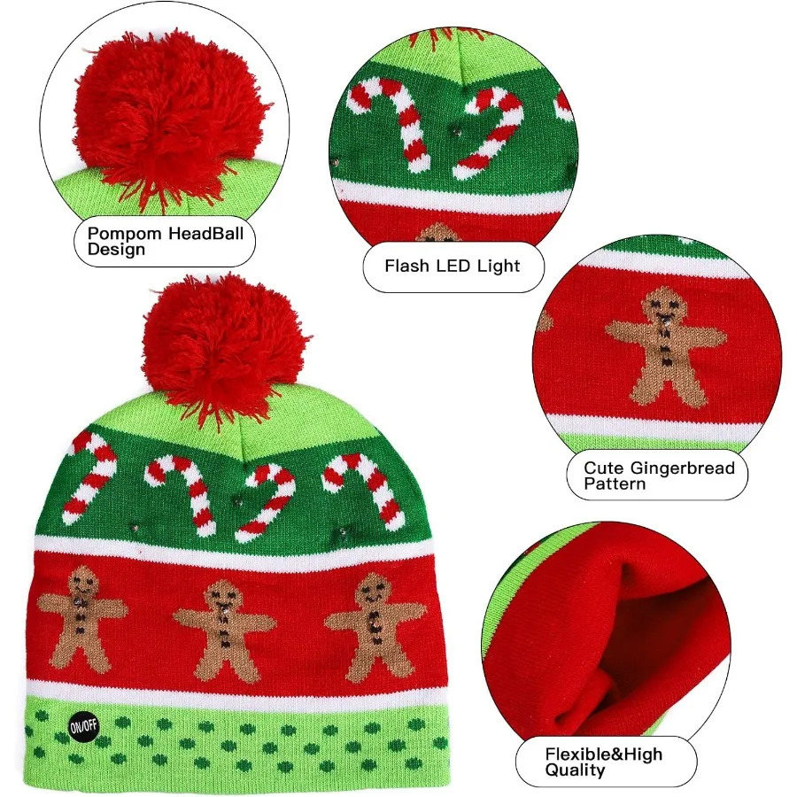 2 Pack Christmas LED Lightup Knitted Beanie Hat Colorful Flashing Holiday Xmas Christmas Party Supplies for Festive Events Outd 251024