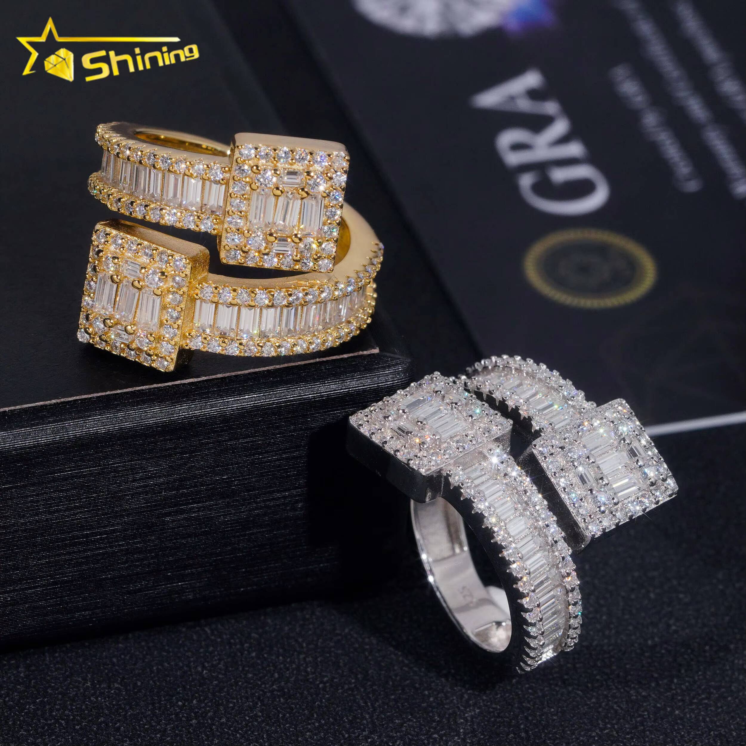 Fast Shipping Baguette Moissanite Mens Ring 925 Silver Iced Out Hip Hop Fine Jewelry Gold Plated Men Ring