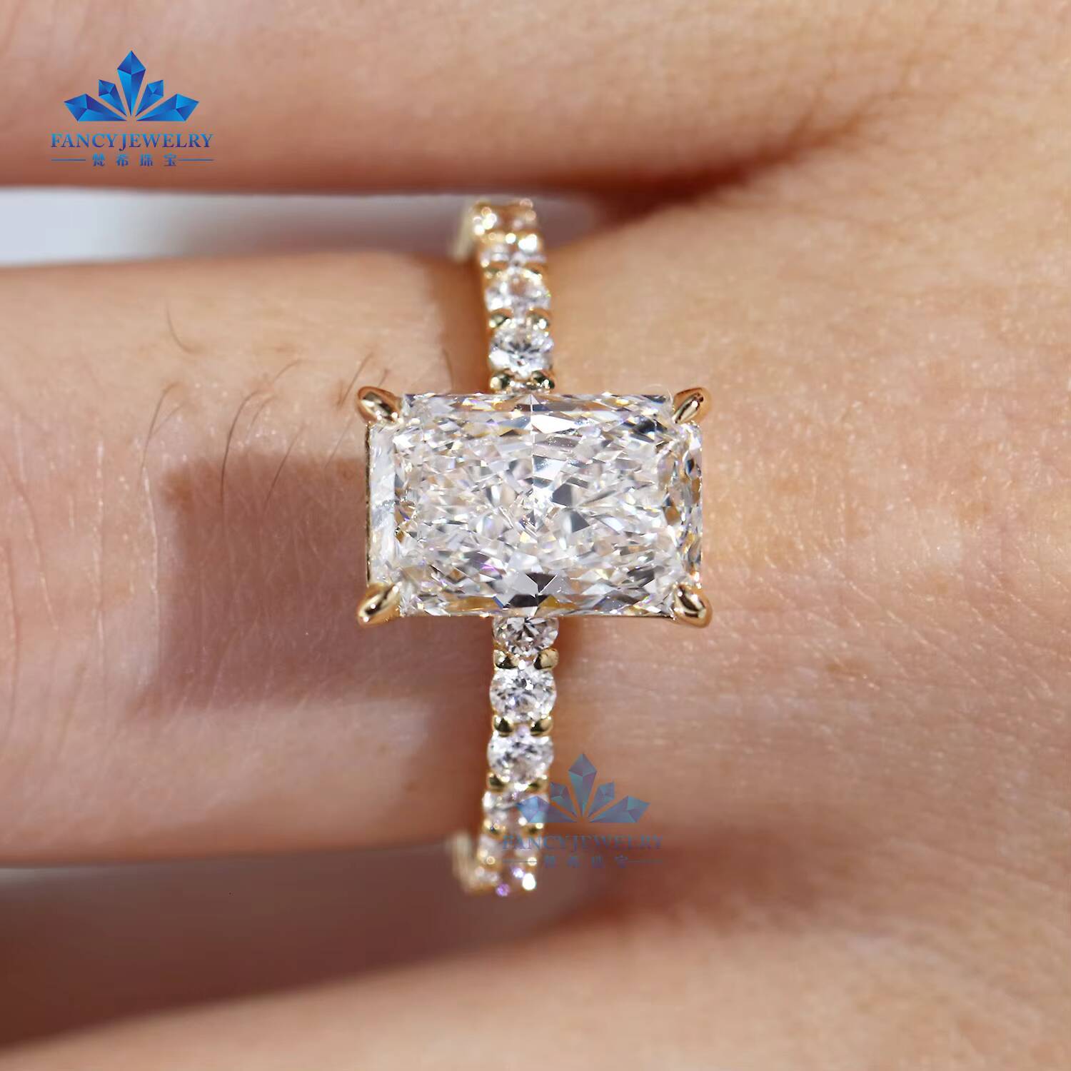 Igi Certified Cvd Lab Grown Created Diamond 10k 14k 18k Yellow Gold Engagement Ring Radiant Cut Full Diamond Ring Band