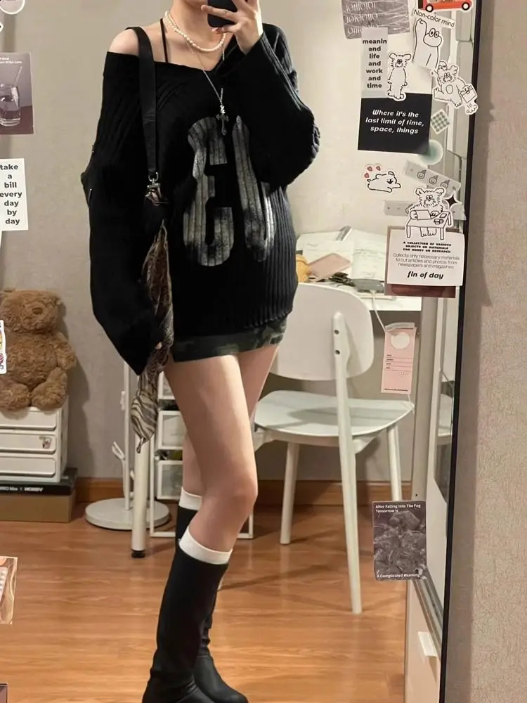 Fashion Letter Print Knitted Pullover Off Shoulder Sweaters Mujer 2025 Early Autumn Black Top Women Academia American 251027