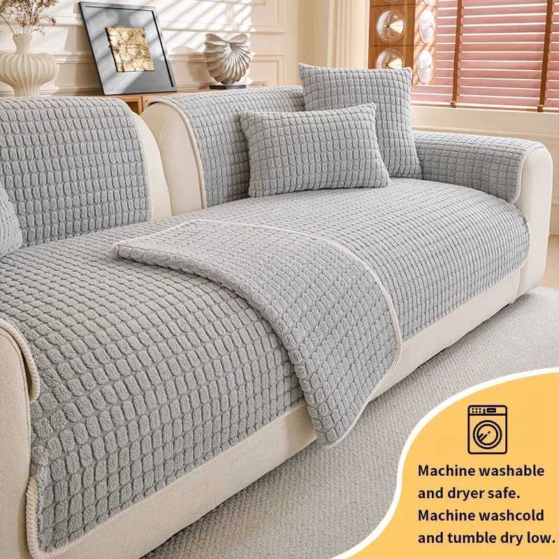 1PCCream style plush thick warm sofa cushion autumn and winter fixed anti slip straight row sofa cushion cover cloth C251028
