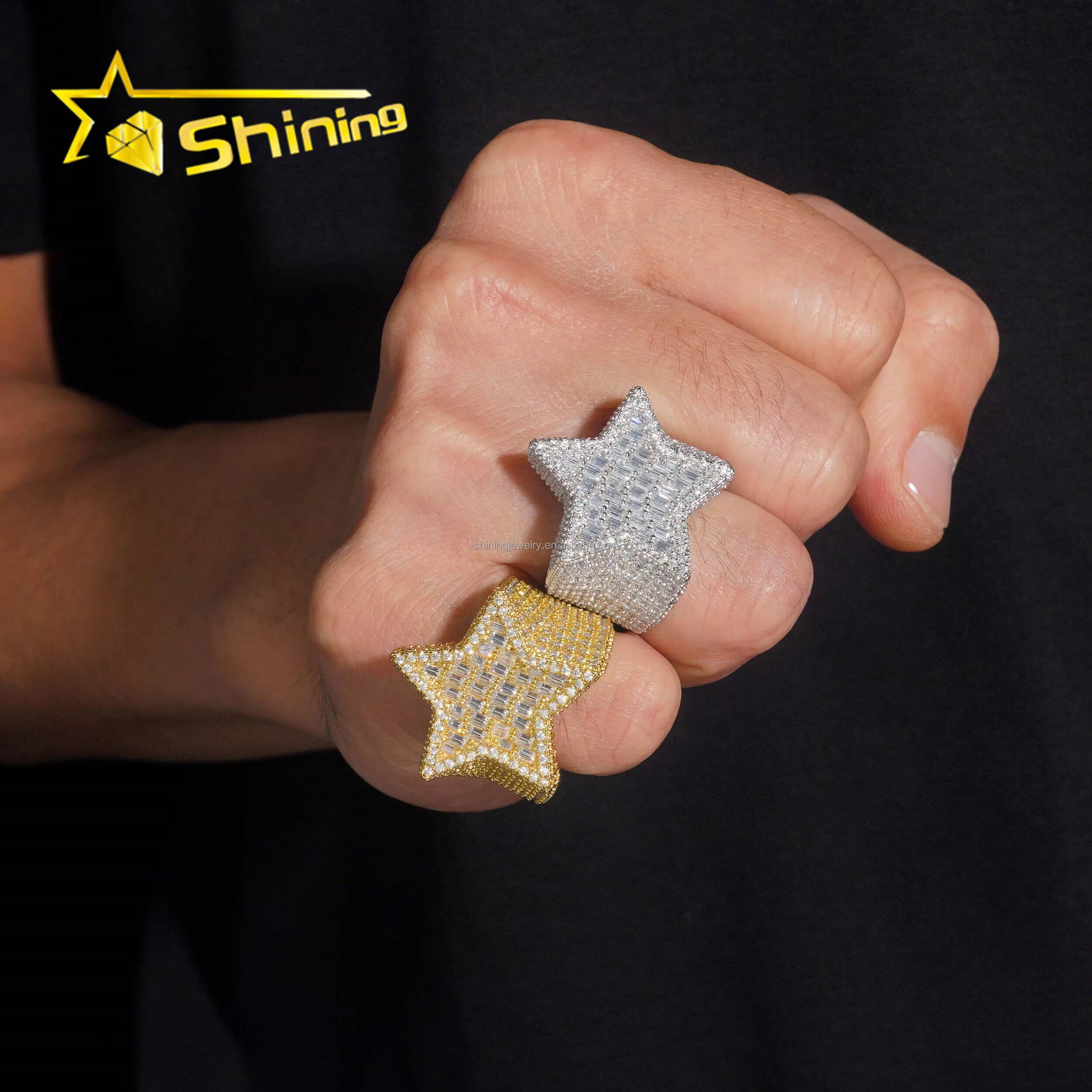 Bulk Stock Drop Shipping Iced Out Hip Hop GRA Certificate FL Baguette Moissanite Diamond Man Gift Iced Out S925 Silver Star Ring