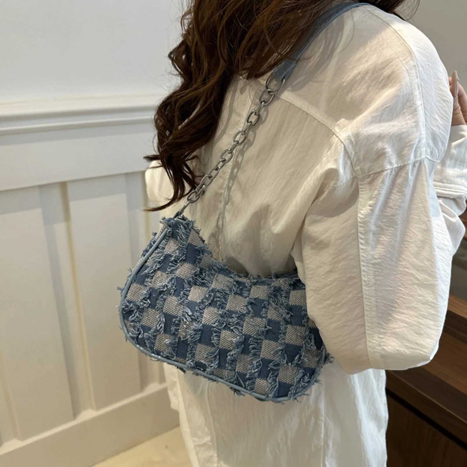 Wed Denim Casual Bag for Wen Shoder Bag Checkered Tassel Trim Underarm Purse Lady Blue Canvas Simple Shoder Bag1 D251028