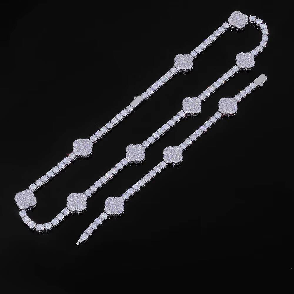 Iced Out FourLeaf Clover Necklace 925 Sterling Silver VVS Moissanite Tennis Chain Women Hip Hop Jewelry Pass Diamond Test