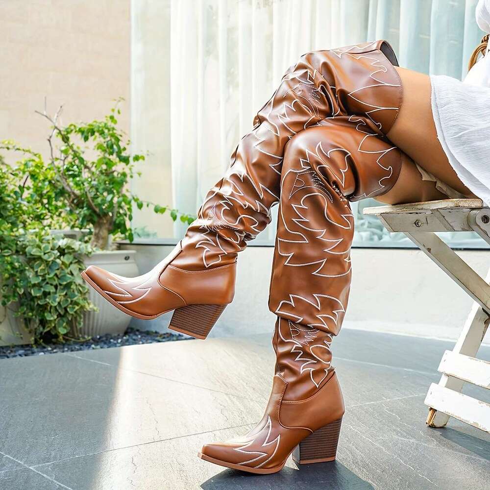 Women's Pointed Toe Embroidered Over-The-Knee - Slip-On Chunky With Pattern, Synthetic Cover Upper TPU Sole, High Heel Boots For Casual & Outfits
