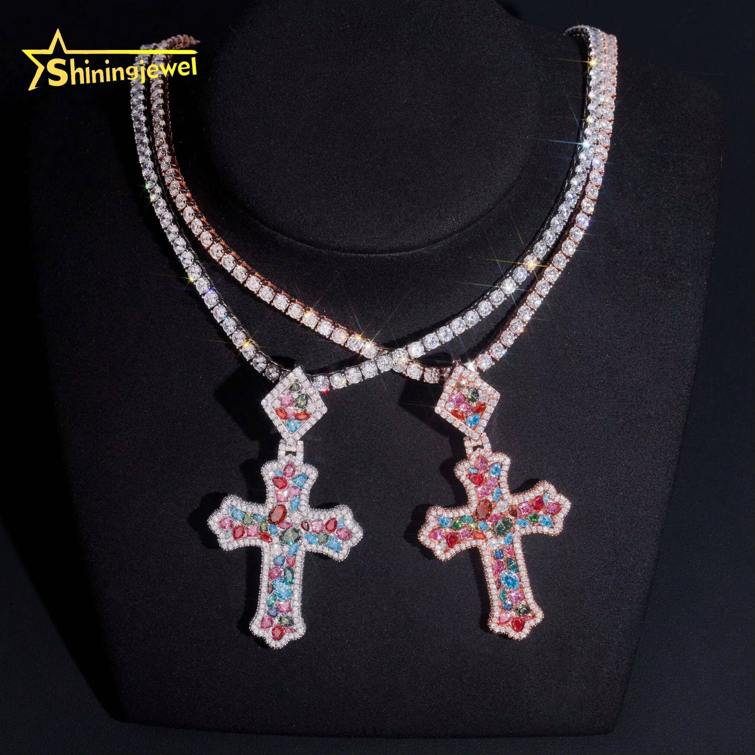 Luxury GRA Certificated Fancy Cut Colored Moissanite Cross Pendant 925 Silver Hip Hop Men Women Iced Out Mossanite Pendants
