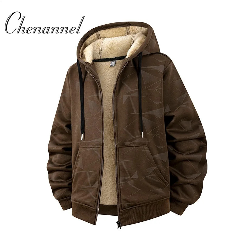 Autumn and Winter Lamb Fleece Coat Mens Trendy Print with Thick Hoodie Jacket 251027