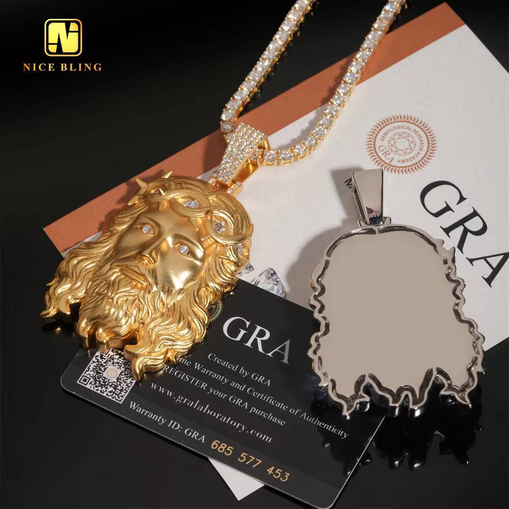 Big Size Ready to Ship Custom Solid Back Jesus Head Charms 925 Silver Diamond Hip Hop Moissanite Jewelry Iced Out Pendant