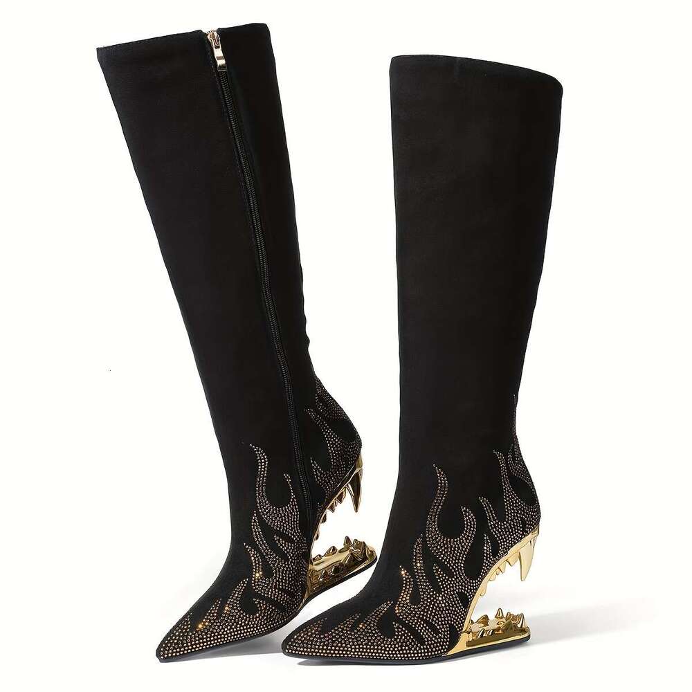 Pointed Rhinestone Wolf Teeth Heel Women's Large Long High Barrel Fashion Boots