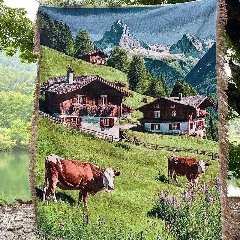 Mountain Landscape Picnic Sofa Throw Tapestry Cover Jacquard Woven Thread Blanket