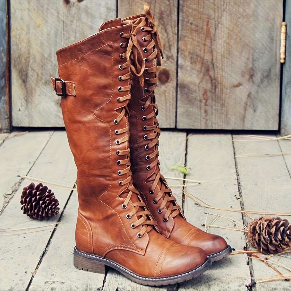 Women's Knee-High Slouch Lace-Up Opening, Low Heel Round Toe Faux Cover All-Season Zipper Closure Cushioned Insole Red/Black/Brown Western Dress,