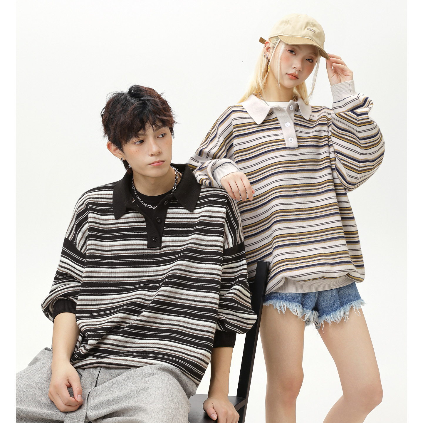 Color-block Striped Turn-down Collar Sweater For Men Designer Sweater And Luxury Bag Women Loose Fit Fake Two-piece Long Sleeve Polo Knitwear For Coup