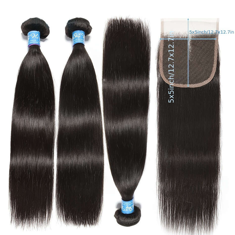 3 12A 100% Unprocessed Peruvian Virgin Human Weave - Bone Straight 5X5 HD Transparent Lace Closure, Natural Black Free Part For, Versatile Styling Sty