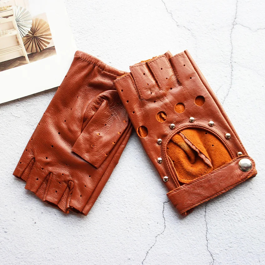 Summer Leather Driving Half Finger Gloves For Womens Fashionable Hollow Out Thin Motorcycle Riding Short Sheepskin Gloves 251027