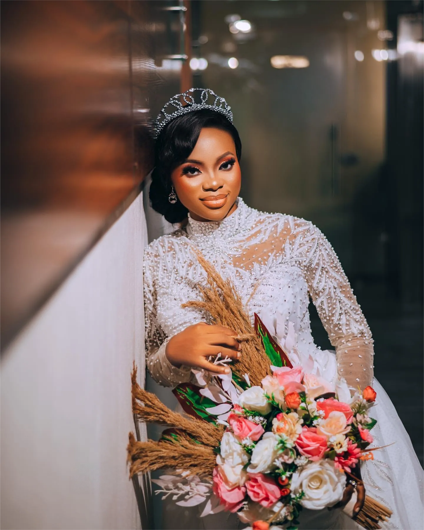 Arabic Aso Ebi Plus Size Mermaid Wedding Dress in Ivory with Lace Full Sleeves Pearls Crystals and Detachable Train