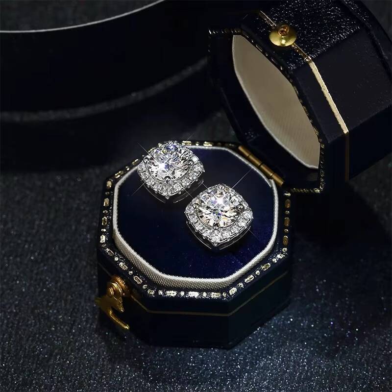 Luxury Design Micro Pave Setting Lab Diamond Sterling Silver White Gold Plated Solitaire Earring Stud Moissanite Earring Studs