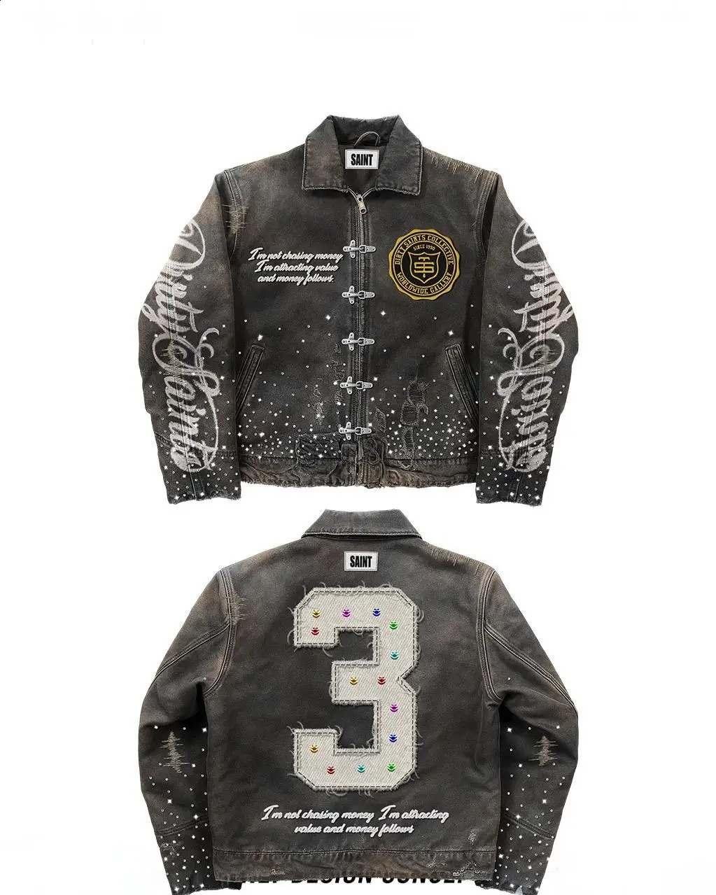 Oversized Retro Work Clothes Jacket Y2k Mens Loose Rhinestone Letter Patch Embroidery Coat Autumn Winter Denim 251027