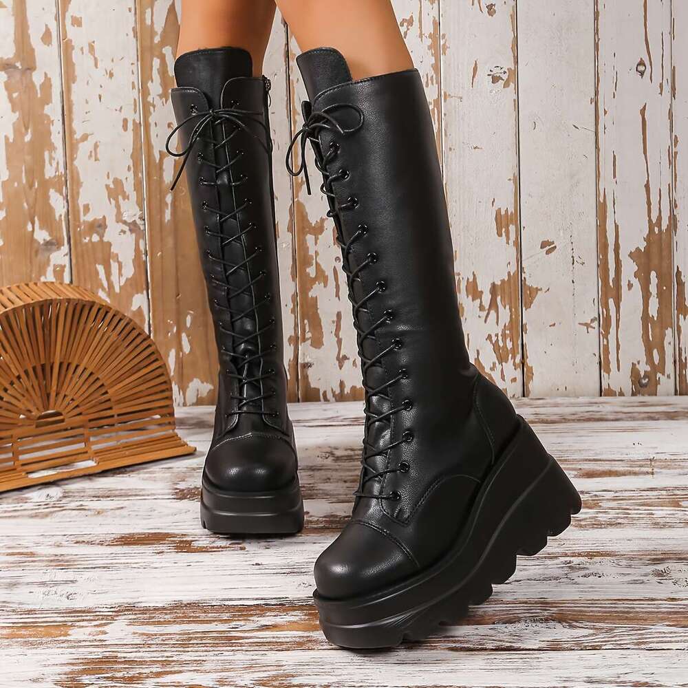 1Pr Women's All-Season Casual Mid-Calf Boots - Solid Color, High Platform Wedge, Side Zipper, Plain Toe, Rubber Sole, Fabric Insole, Man-Made Upp