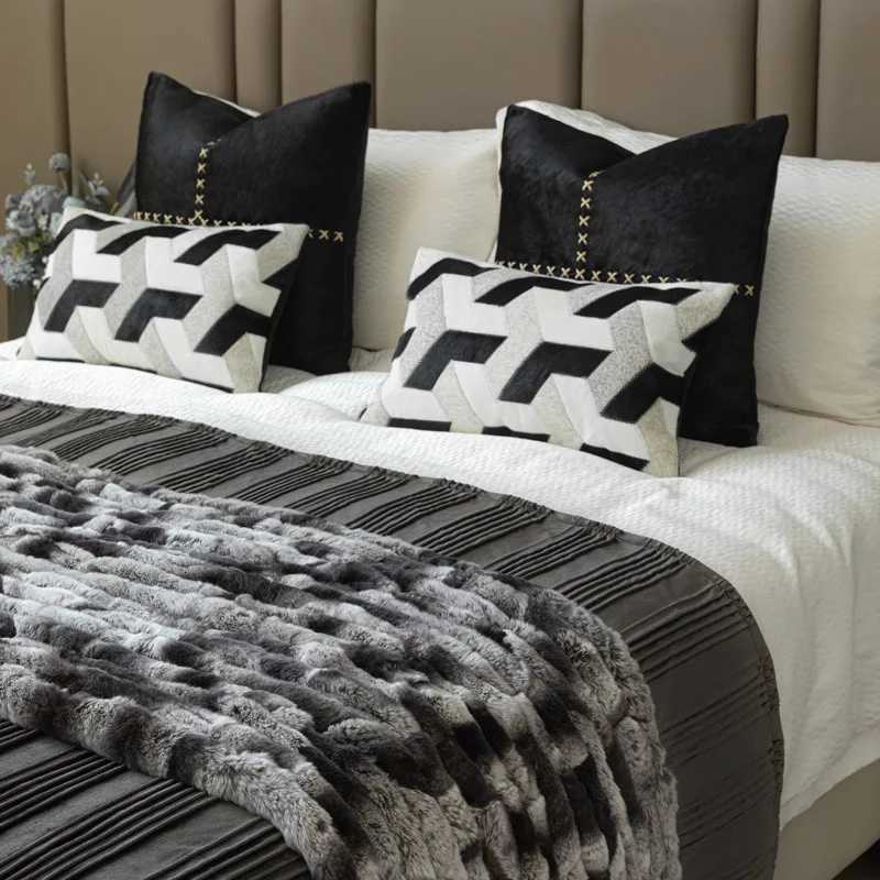 Pillow Case Light Luxury Leather Cushion Cover High End Model Room Black Genuine Leather case For Sofa Bed Living Room Home Hotel C251028