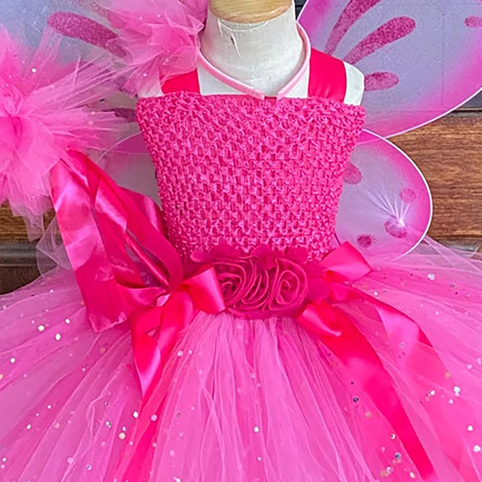 Girls Pink Glitter Tulle Dress Kids Butterfly Fairy Tutu Dresses with Wing and Stick Hairbow Children Halloween Cosplay Costume 251023